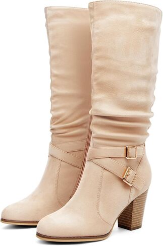 Ermonn Womens Mid Knee High Boots Chunky Heel Slouchy Metal Buckle Side Zipper Fashion Winter Shoes in Saudi Arabia