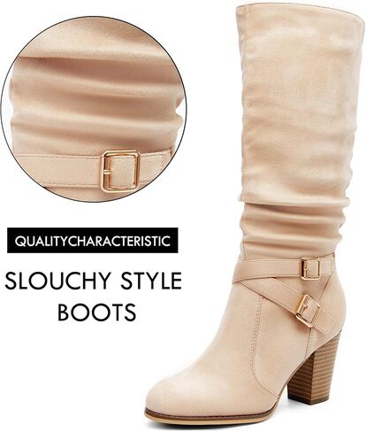Ermonn Womens Mid Knee High Boots Chunky Heel Slouchy Metal Buckle Side Zipper Fashion Winter Shoes in Saudi Arabia