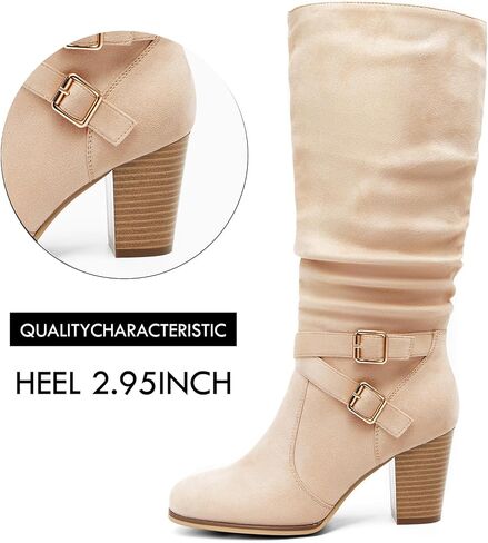 Ermonn Womens Mid Knee High Boots Chunky Heel Slouchy Metal Buckle Side Zipper Fashion Winter Shoes in Saudi Arabia