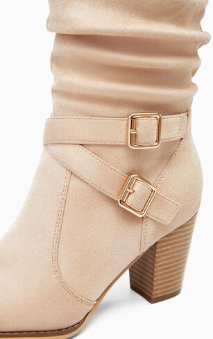 Ermonn Womens Mid Knee High Boots Chunky Heel Slouchy Metal Buckle Side Zipper Fashion Winter Shoes in Saudi Arabia