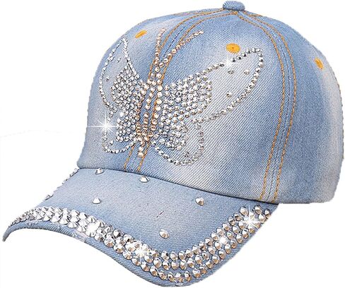 Rhinestone Denim Baseball Cap for Women Fashion Sun Hat Metal Buckle Adjustable Bling Diamond Traveling Hat in Kuwait