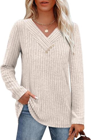 SAMPEEL Sweaters for Women Long Sleeve Shirts V Neck Tops with Buttons Fall Fashion Outfits Winter Clothing 2025 in Saudi Arabia