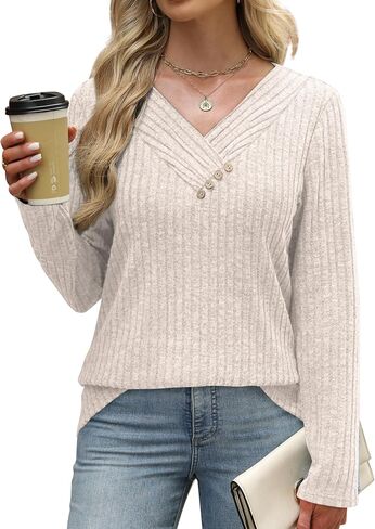 SAMPEEL Sweaters for Women Long Sleeve Shirts V Neck Tops with Buttons Fall Fashion Outfits Winter Clothing 2025 in Saudi Arabia