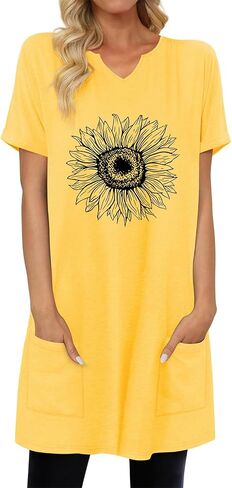 KISSMODA Women's Short Sleeve Tunic Tops Summer for Leggings T-shirts Long Tunics with Pockets Dresses Pullover Hoodies in Saudi Arabia