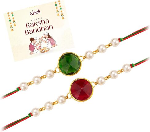 Aheli Indian Traditional Handmade Crystal Stone & Pearl Beads Rakhi for Brother Men Boys Combo Set of 2 in Saudi Arabia