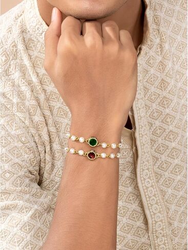 Aheli Indian Traditional Handmade Crystal Stone & Pearl Beads Rakhi for Brother Men Boys Combo Set of 2 in Saudi Arabia