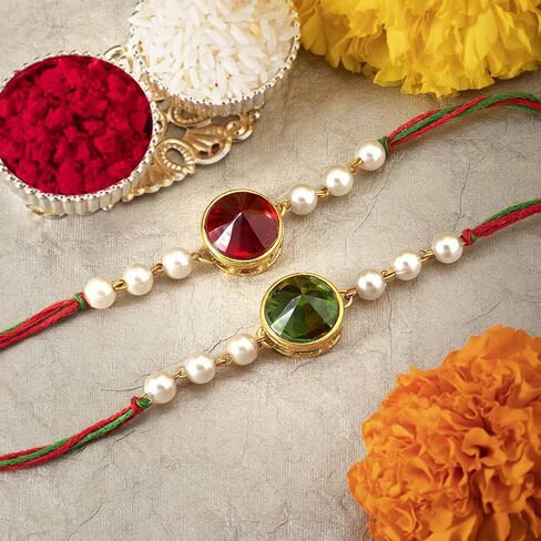 Aheli Indian Traditional Handmade Crystal Stone & Pearl Beads Rakhi for Brother Men Boys Combo Set of 2 in Saudi Arabia