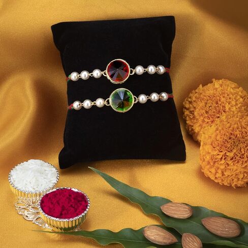 Aheli Indian Traditional Handmade Crystal Stone & Pearl Beads Rakhi for Brother Men Boys Combo Set of 2 in Saudi Arabia
