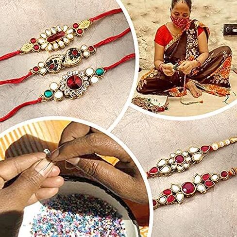 Aheli Indian Traditional Handmade Crystal Stone & Pearl Beads Rakhi for Brother Men Boys Combo Set of 2 in Saudi Arabia