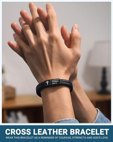 UPROMI Engarved Leather Cross Bracelet for Men - Christmas Christian Religious Catholic Baptism Birthday Gifts for Him in Saudi Arabia