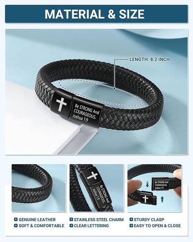 UPROMI Engarved Leather Cross Bracelet for Men - Christmas Christian Religious Catholic Baptism Birthday Gifts for Him in Saudi Arabia