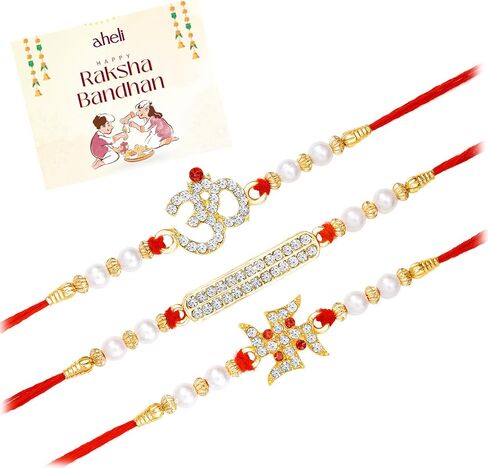 Aheli Crystals & Beads Studded Swastik Om Rakhi for Brother Raksha Bandhan Rakhi with Greeting Card (Combo, Pack of 3) in Saudi Arabia