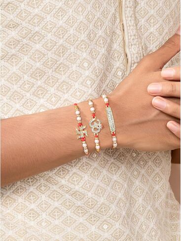 Aheli Crystals & Beads Studded Swastik Om Rakhi for Brother Raksha Bandhan Rakhi with Greeting Card (Combo, Pack of 3) in Saudi Arabia
