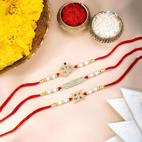Aheli Crystals & Beads Studded Swastik Om Rakhi for Brother Raksha Bandhan Rakhi with Greeting Card (Combo, Pack of 3) in Saudi Arabia