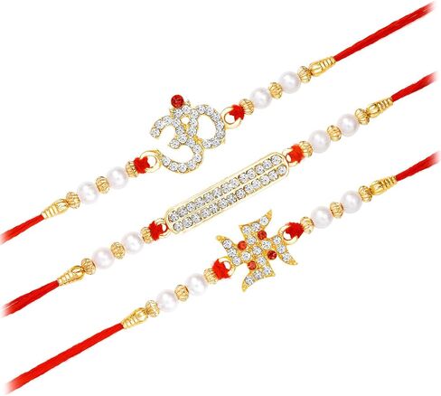 Aheli Crystals & Beads Studded Swastik Om Rakhi for Brother Raksha Bandhan Rakhi with Greeting Card (Combo, Pack of 3) in Saudi Arabia