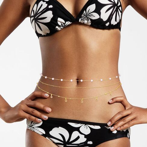 3pcs سلاسل جسم مطلية بالذهب مقاوم للماء حبات الخصر المثيرة سلسلة بوهو شاطئ الخصر سلاسل البطن سلسلة إكسسوارات المجوهرات ذات الطبقات اليومية للأحزمة اليومية للنساء in Saudi Arabia