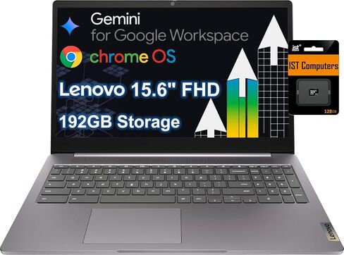 Lenovo Chromebook 15 (15.6" FHD Display, 4GB RAM, 128GB Storage (64GB eMMC + 64GB SD Card) 2TB Cloud Storage, Intel Celeron), Home & Student Laptop, Webcam, Wi-Fi 6, 10-Hr Long Battery Life, Chrome OS in Kuwait