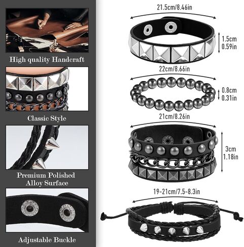 4 Pcs Studded Bracelets, Spiked Leather Punk Rock Cuff Bracelet Adjustable Goth Bracelets for Men Women 80s Emo Accessories Gothic Jewelry in Saudi Arabia