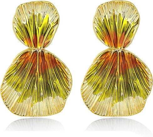 Colorful Gold Boho Chunky Leaf Floral Geometric Textured Dangling Statement Earrings for Women by SNGIA, Large Orange Green Handmade Trendy Ribbed Fan Dangle Jewelry Gifts, Big Summer Round Oval Square African Beachy Vacation Flower Fashion Accessories, V in Saudi Arabia