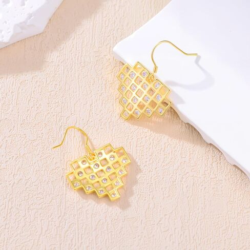 14k Gold Plated Love Heart Drop Dangle Silver Earrings for Woman with Cube Building Block Brick Jewelry Gift for Friend Birthday Thanksgiving Mother Christmas Day in Saudi Arabia