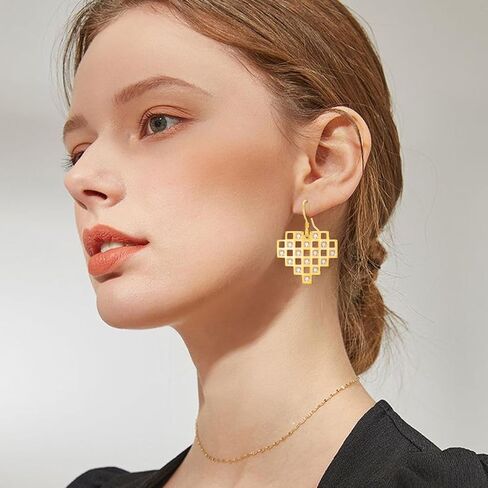 14k Gold Plated Love Heart Drop Dangle Silver Earrings for Woman with Cube Building Block Brick Jewelry Gift for Friend Birthday Thanksgiving Mother Christmas Day in Saudi Arabia