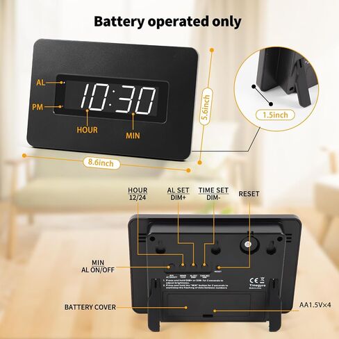 Digital Wall Clock Battery Operated with LED Display, Wall Clock with Backlight, Table-top, Alarm, Brightness Adjustable,12/24Hr in Kuwait