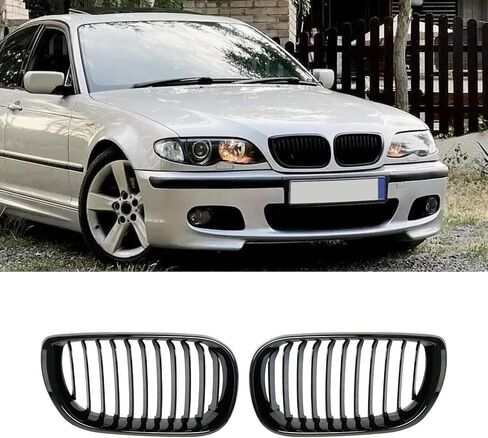الشواية الأمامية لـ BMW 3 Series E46 2002-2005 4-Door 320i 325i 325xi 330i 330xi ، Gloss Black ABS Abs Automotive Grille Slats Double Slats Grill in Kuwait