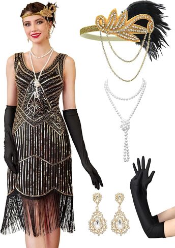 1920s Flapper Dresses for Women,Sheer Beaded Sleeves Great Gatsby Dresses Roaring 20s Dresses Costumes with Accessories in Saudi Arabia