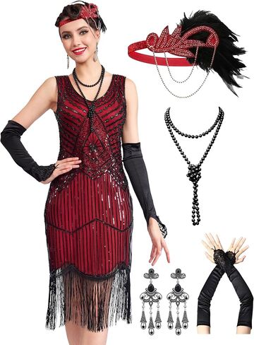 1920s Flapper Dresses for Women,Sheer Beaded Sleeves Great Gatsby Dresses Roaring 20s Dresses Costumes with Accessories in Saudi Arabia