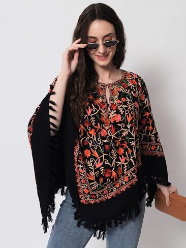 Zamour Indian Kashmiri Women's Poncho/Overcoat Hand Hand Embroidery Jaal Paisley Work with Inner Lining (الحجم المجاني) in Kuwait