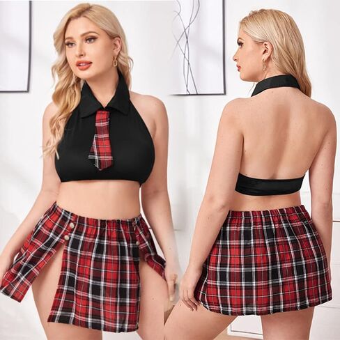 Women's Costume Sexy Lingerie Set Cosplay Top and Plaid Skirt Outfit Schoolgirl Roleplay Set Costumes Outfit in Kuwait