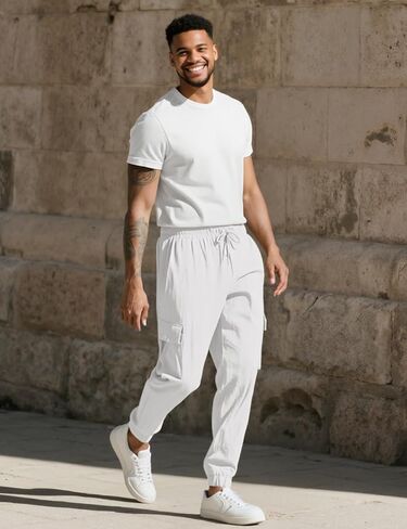Men's Cargo Pants Casual Lightweight Elastic Waist Drawstring Pant with Pockets in Kuwait