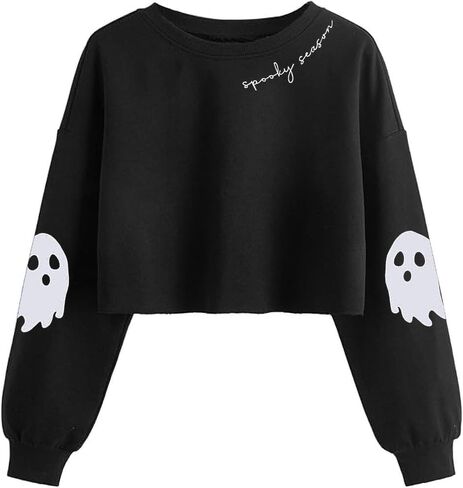 Women's Retor Ghost Skull Crop Sweatshirt Fall Halloween Lantern Long Sleeve Pullover Spooky Season Sweatshirt in Saudi Arabia