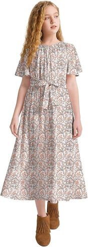LaBeca Girls Elastic Crew Neck Butterfly Short Sleeve Midi Belted Dress with Pocket Ginger Floral 140Y in Saudi Arabia
