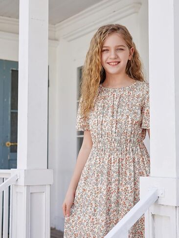 LaBeca Girls Elastic Crew Neck Butterfly Short Sleeve Midi Belted Dress with Pocket Ginger Floral 140Y in Saudi Arabia