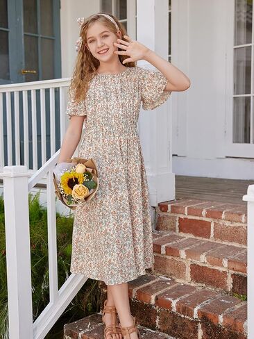 LaBeca Girls Elastic Crew Neck Butterfly Short Sleeve Midi Belted Dress with Pocket Ginger Floral 140Y in Saudi Arabia