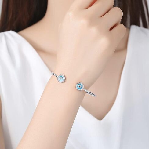 14K Gold Moissanite Evil Eye Cuff Bangle for Women,Dainty Blue Sapphire Devil's Eye Open Bangle Bracelet,Fashion Jewelry Gift for Her in Saudi Arabia