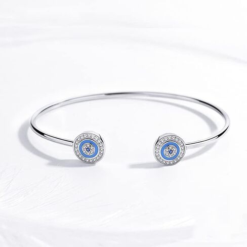 14K Gold Moissanite Evil Eye Cuff Bangle for Women,Dainty Blue Sapphire Devil's Eye Open Bangle Bracelet,Fashion Jewelry Gift for Her in Saudi Arabia