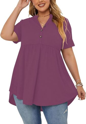 PLOKNRD Women's Plus Size Tops Short Sleeve Henley V Neck Button Up Flowy T Shirts Tunic Loose Blouses Light Purple in Saudi Arabia