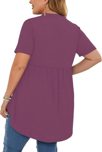 PLOKNRD Women's Plus Size Tops Short Sleeve Henley V Neck Button Up Flowy T Shirts Tunic Loose Blouses Light Purple in Saudi Arabia