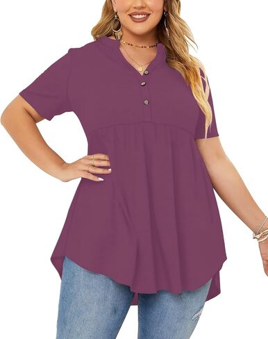 PLOKNRD Women's Plus Size Tops Short Sleeve Henley V Neck Button Up Flowy T Shirts Tunic Loose Blouses Light Purple in Saudi Arabia