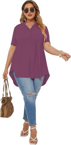 PLOKNRD Women's Plus Size Tops Short Sleeve Henley V Neck Button Up Flowy T Shirts Tunic Loose Blouses Light Purple in Saudi Arabia