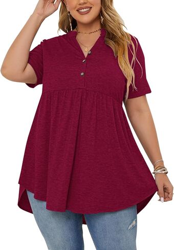 PLOKNRD Women's Plus Size Tops Short Sleeve Henley V Neck Button Up Flowy T Shirts Tunic Loose Blouses Light Purple in Saudi Arabia