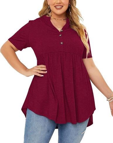 PLOKNRD Women's Plus Size Tops Short Sleeve Henley V Neck Button Up Flowy T Shirts Tunic Loose Blouses Light Purple in Saudi Arabia