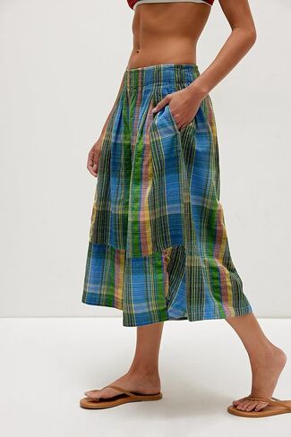 Summer Boho Wide Leg Culotte Pants for Women Casual Loose Elastic Waisted Palazzo Trousers Plaid Capris with Pockets in Kuwait