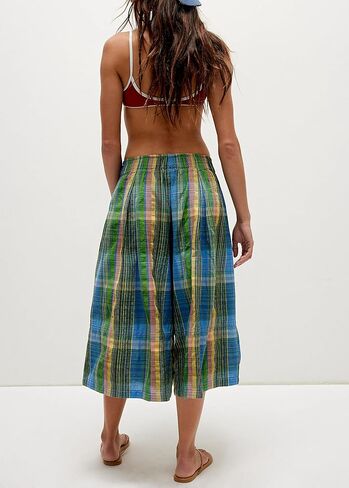 Summer Boho Wide Leg Culotte Pants for Women Casual Loose Elastic Waisted Palazzo Trousers Plaid Capris with Pockets in Kuwait