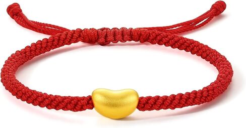 24K Solid Gold Bean Bracelets Adjustable Black Braided Bracelet Real Gold Charm Bracelet for Men Women Couple Lover Birthday Anniversary 7.1-9.4"(18-24cm) A1712632 in Saudi Arabia