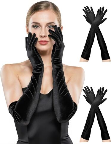 Long Black Gloves Women Formal, 2 Pairs Opera Gloves Costume, Stretchy Satin Gloves, 1920s Accessories, 20.8 Inch in Kuwait