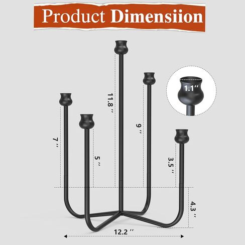 16-inch Iron Candlestick Holders, Black 5-Arm Taper Candle Holder, Vintage Modern Decorative Candle Stick Holders for Weddings, Parties, Thanksgiving & Halloween in Saudi Arabia