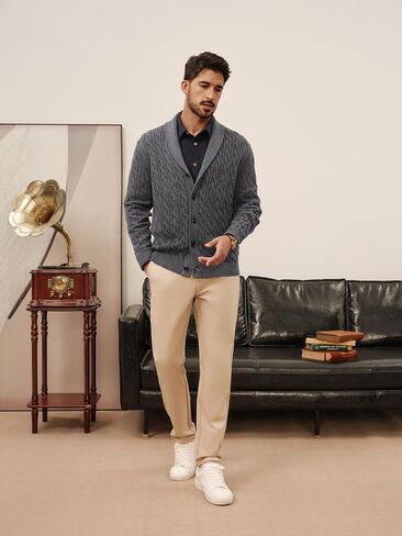 PJ PAUL JONES Mens Cardigan Sweater Cable Knit Sweaters Shawl Collar Texture Solid Cardigans in Saudi Arabia